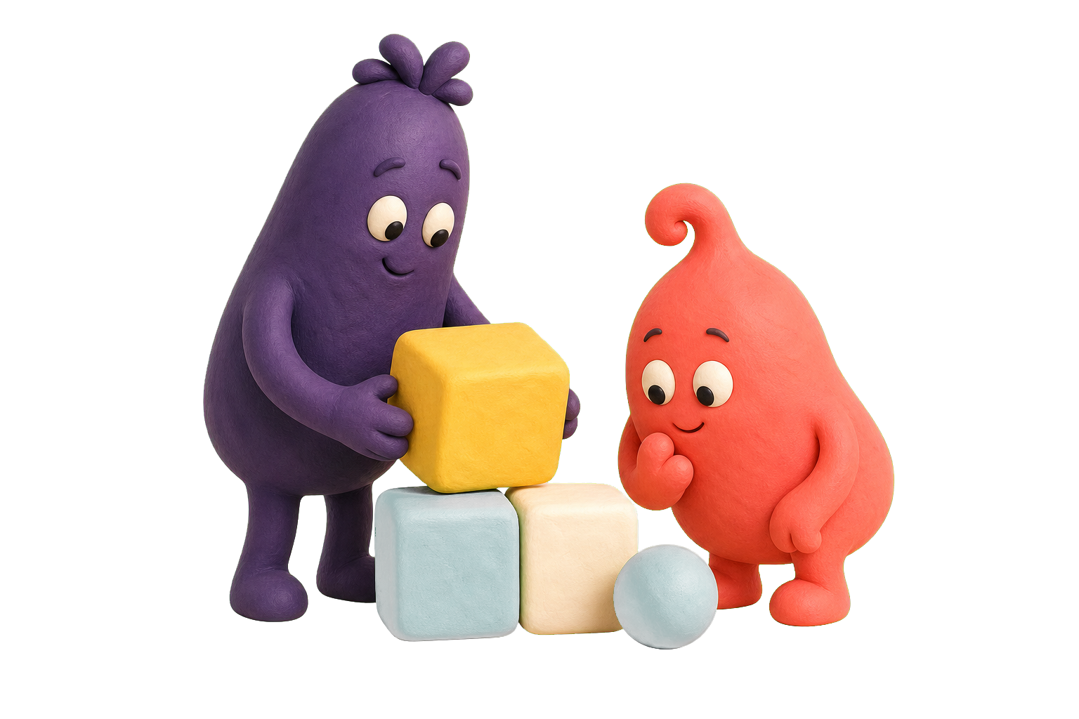 Deux petits personnages en pâte à modeler assemblent des cubes